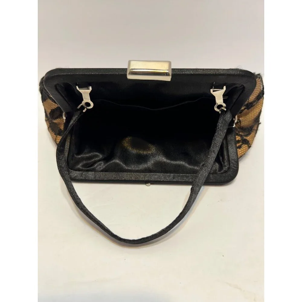 VTG Black Lace Overlay Gold Evening Clutch Handbag Elegant Metallic Kiss Clasp - Picture 16 of 16